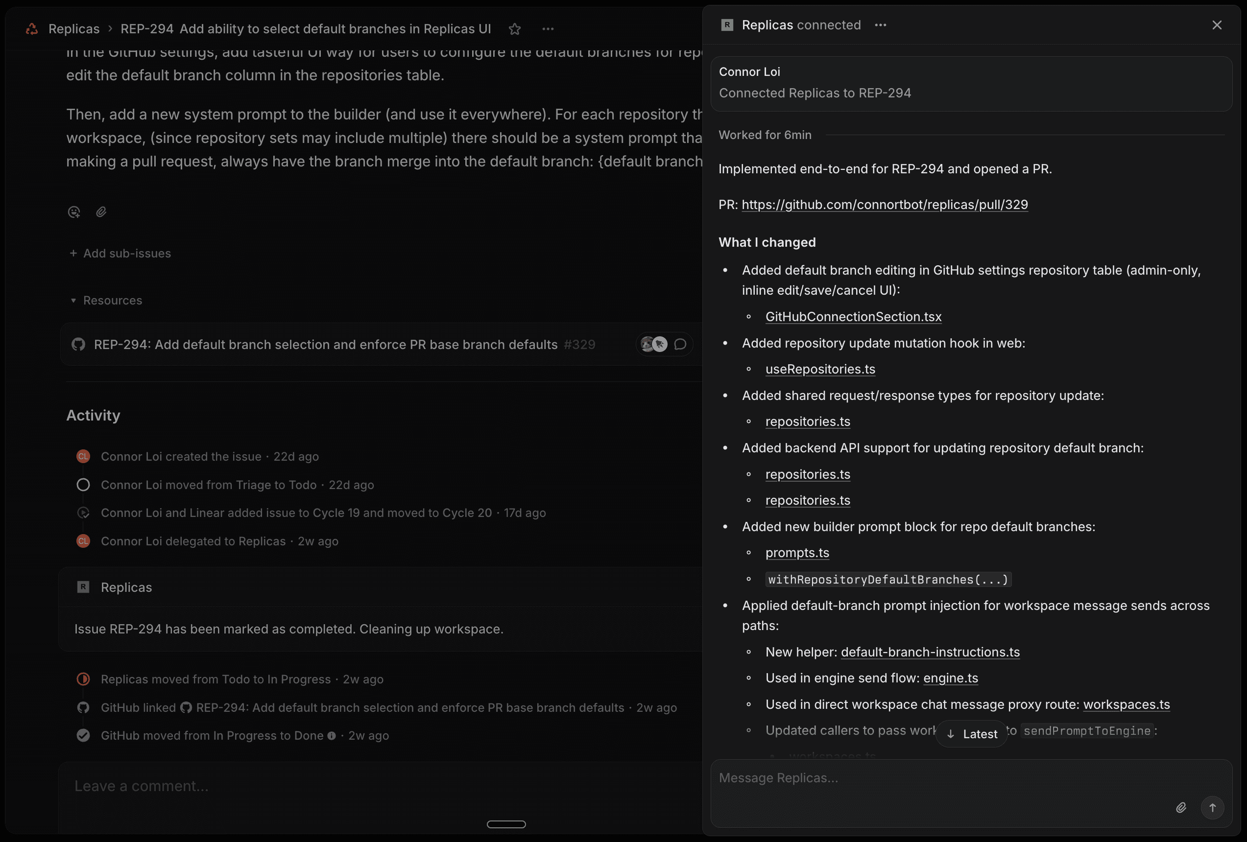 Replicas connected to a Linear issue and opened a pull request