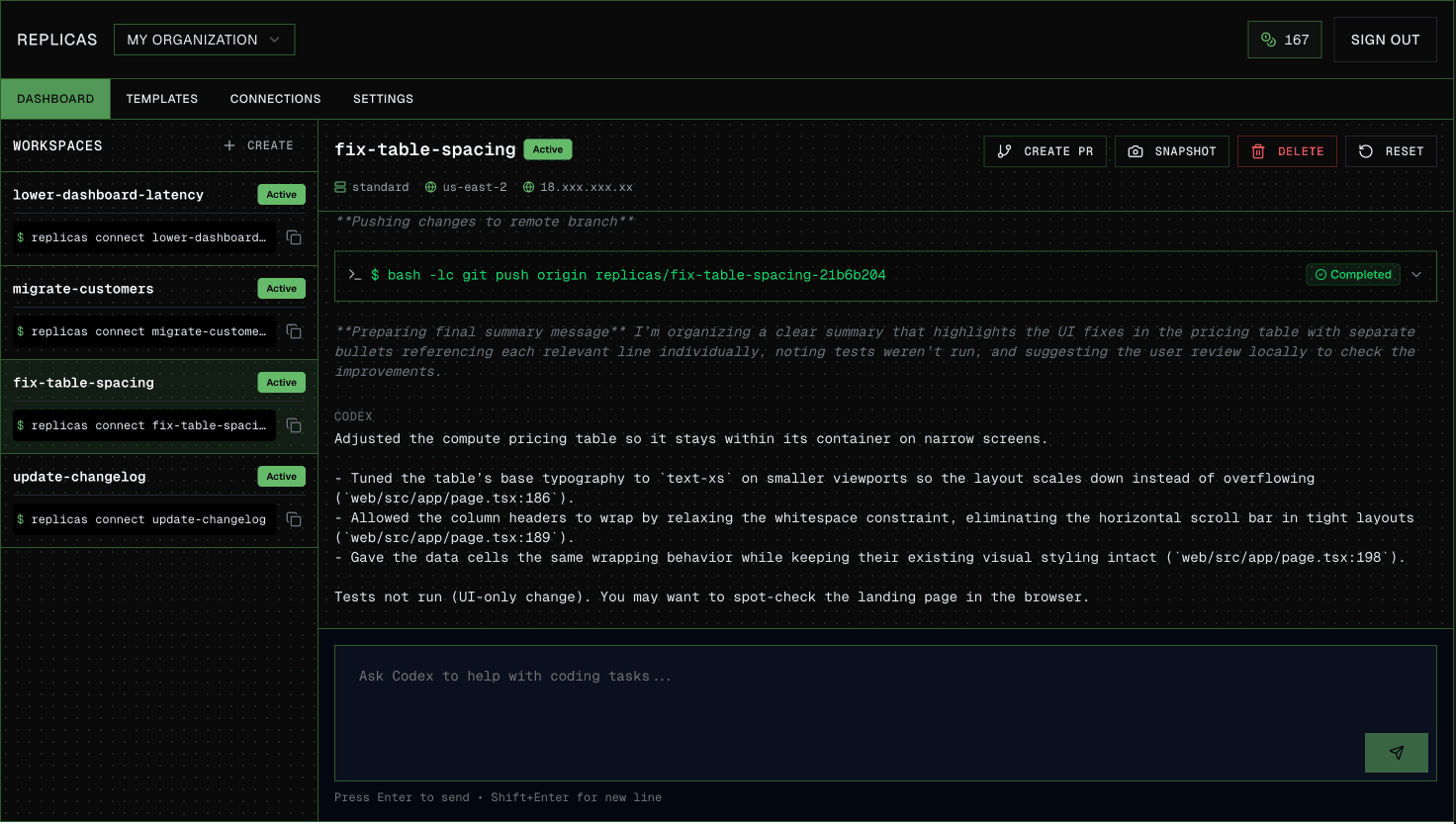 Replicas dashboard with active background coding workspaces