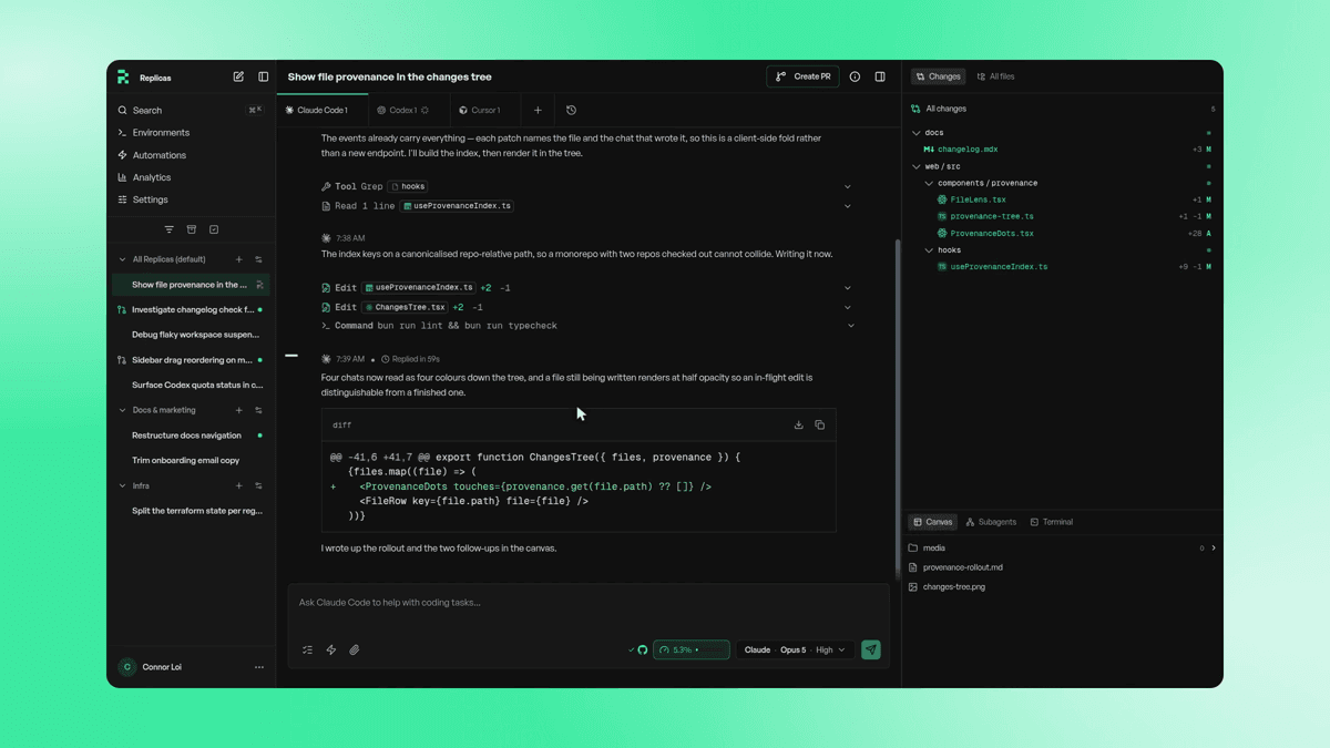 A Replicas workspace holding the agent chat, the diff it wrote, the changed files, and its terminal